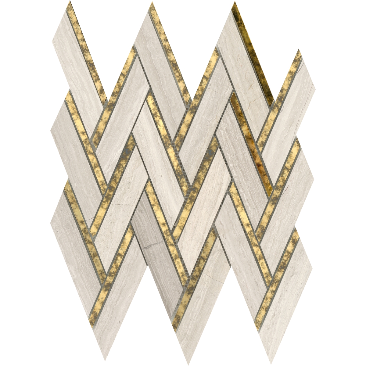 Impulse Chevron Honed Mosaic tile in white, blue, winter, and cream colors, glossy finish, 14x15 inches, marble and limestone material.